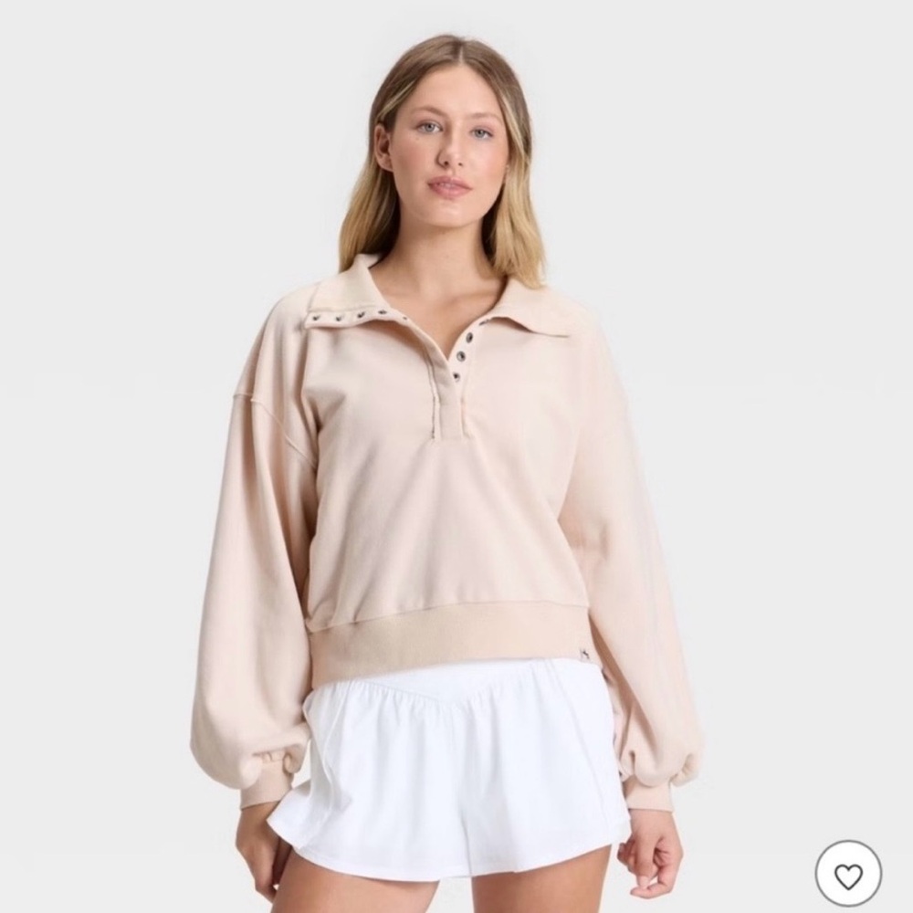 Joylab Henley French Terry Sweatshirt Cropped Balloon Sleeve Blush Large NWT